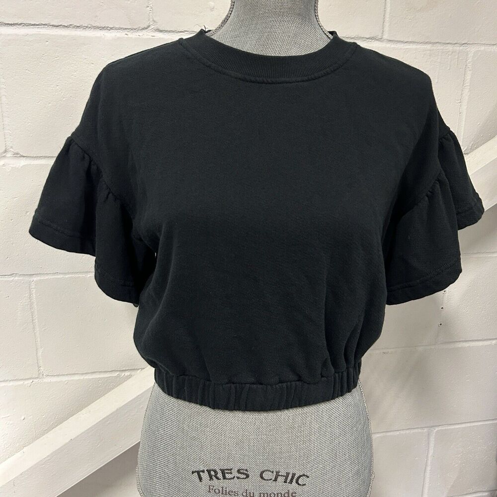 Alice + Olivia Joline Ruffle Sleeve Crop Sweatshirt Black Woman’s Size Small